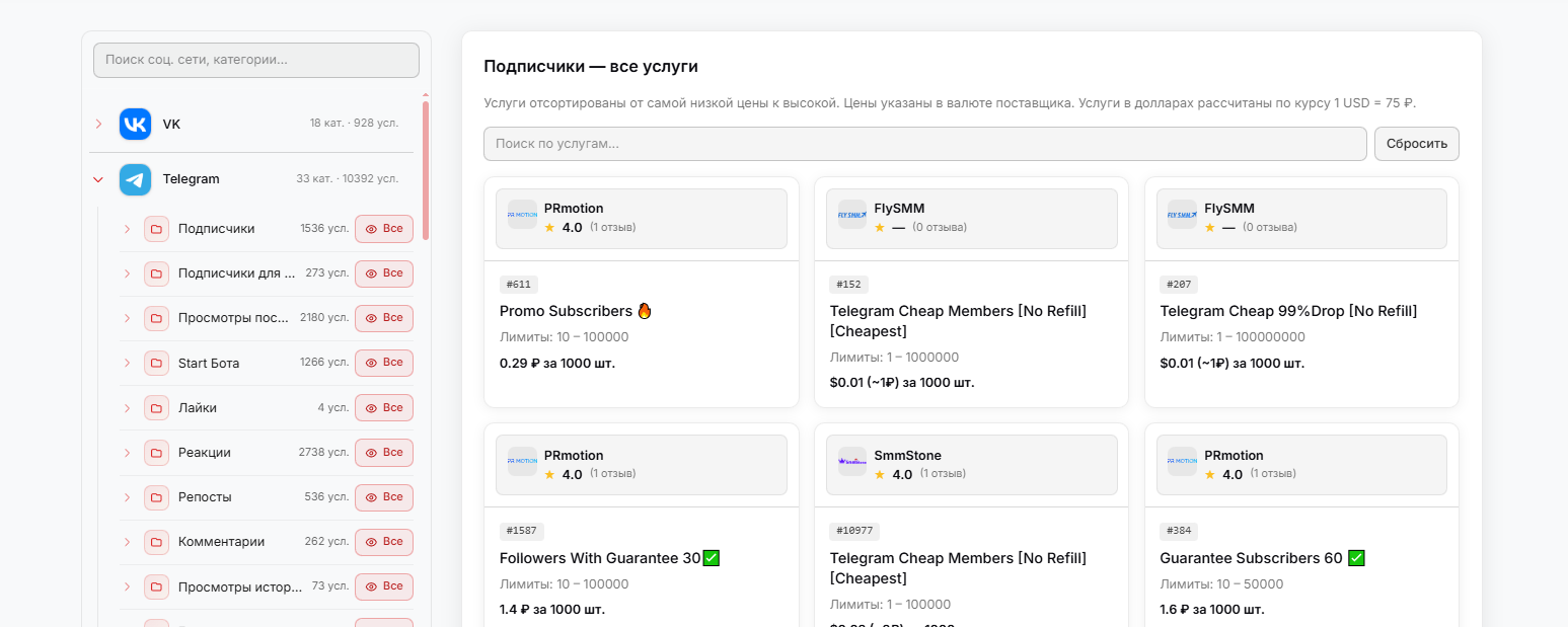 Пример списка услуг по подписчикам в телеграм, начиная от самых дешёвых поставщиков