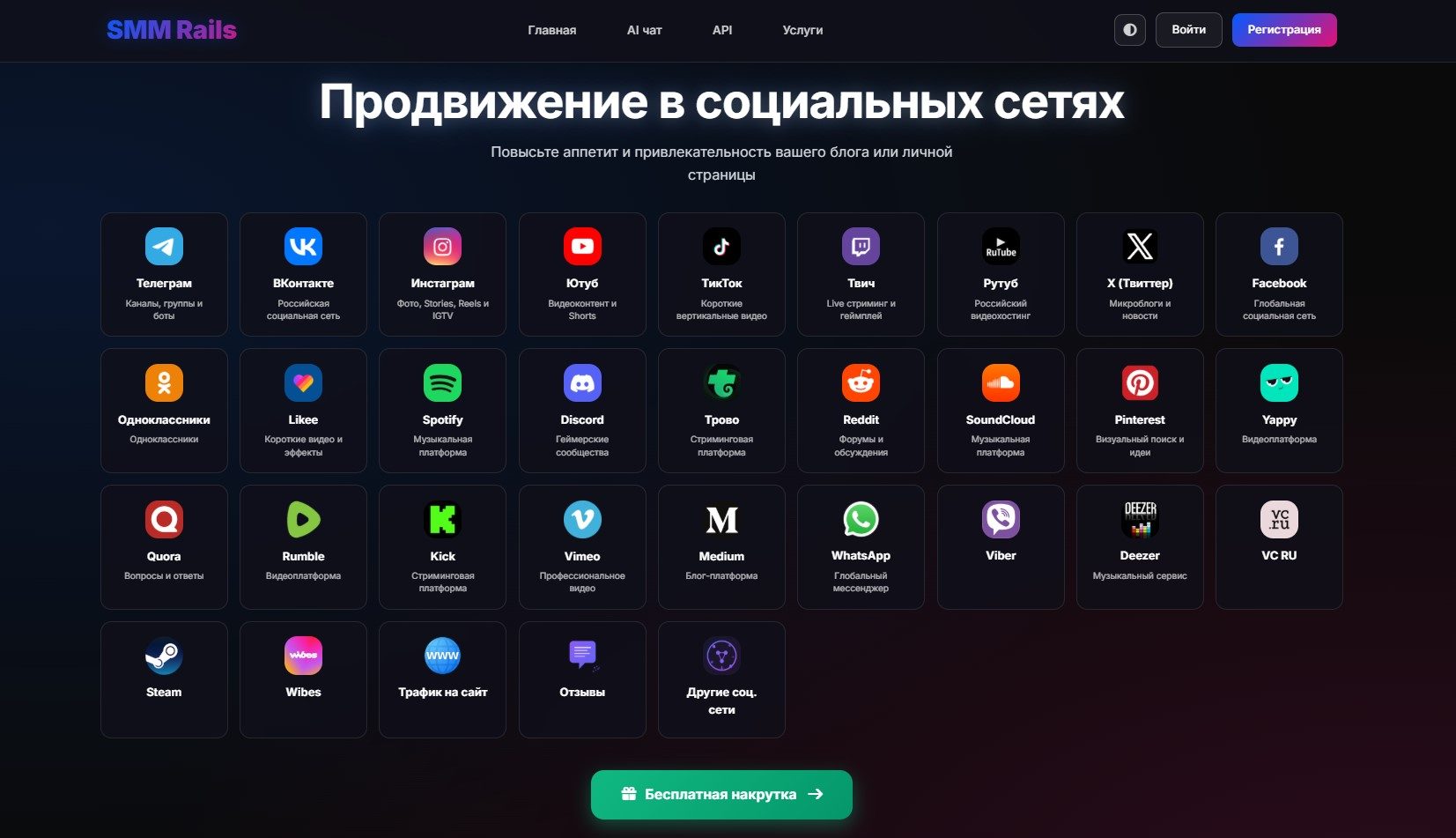 Список доступных соц. сетей